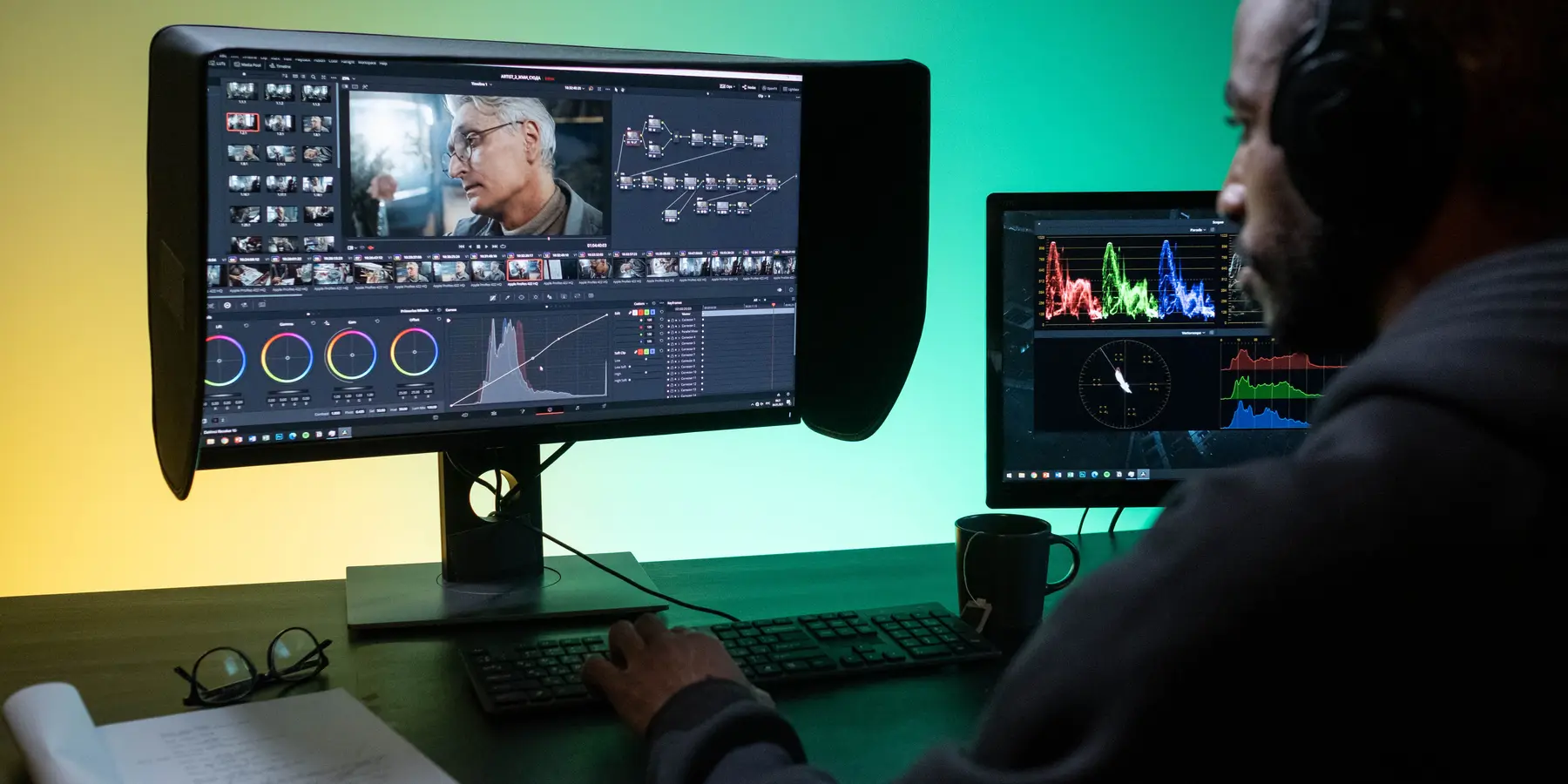 Video editor wearing headphones, colour grading footage across two monitors