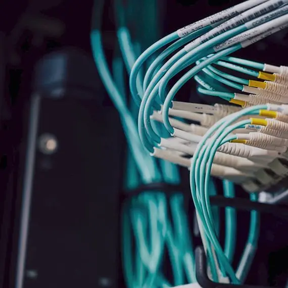 Fibre optic cables connected to network equipment